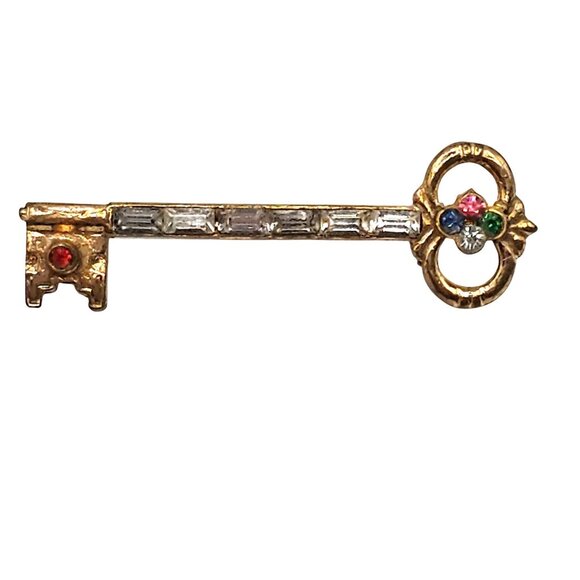 unbranded Jewelry - VTG Brooch Gold Tone Multi Color Rhinestone Skeleton Key Fairy Cottage Core Pin